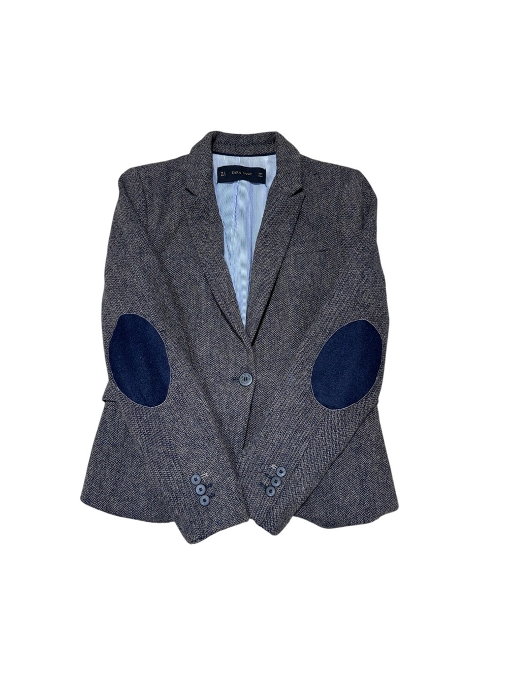 ZARA Basic Womens L Brown Blue 100% Wool Blazer Navy Elbow Patches Made in Spain
